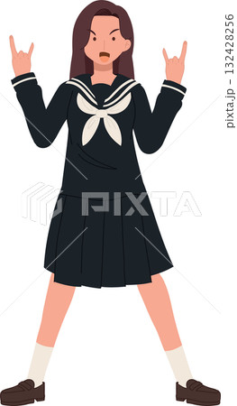 a Japanese schoolgirl in a dark sailor uniform striking a confident rock-style pose with both hands raised. 132428256