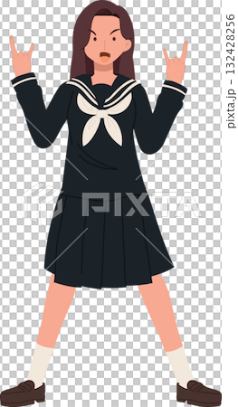 a Japanese schoolgirl in a dark sailor uniform striking a confident rock-style pose with both hands raised. 132428256