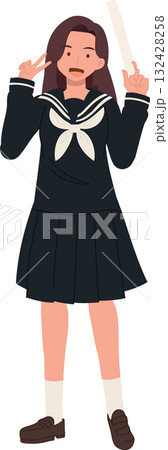japanese school girl in sailor uniform holding diploma and making peace sign on graduation day 132428258