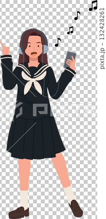 Japanese schoolgirl listening to music with headphones in school uniform. enjoying music on smartphone 132428261