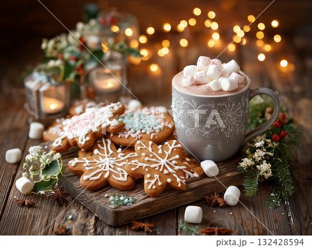 ジンジャーブレッドクッキーとココアの温かいクリスマスのひととき / 手作りのホリデーお菓子 132428594