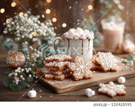 ジンジャーブレッドクッキーとココアの温かいクリスマスのひととき / 手作りのホリデーお菓子 132428595