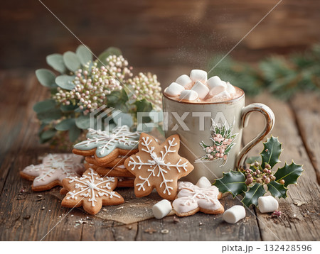 ジンジャーブレッドクッキーとココアの温かいクリスマスのひととき / 手作りのホリデーお菓子 132428596