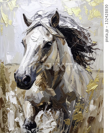 厚塗り油絵で描く馬の躍動｜黄金に輝く午年アートイラスト 132428830