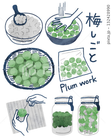 グリーンとネイビーで描いた梅しごとのイラストをまとめたものです 132428990