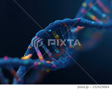 Close up of blue DNA double helix model with textured backbone and colorful nucleotide pairs, glowing scientific concept with molecular detail and dramatic depth of field lighting 132429064