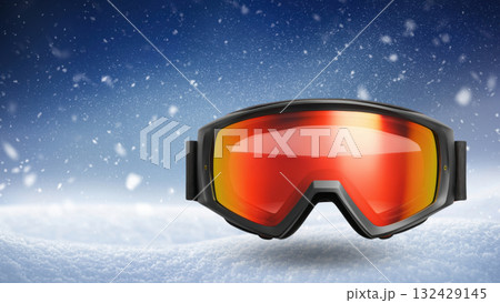 Red-lensed ski goggles on snowy ground, created AI 132429145
