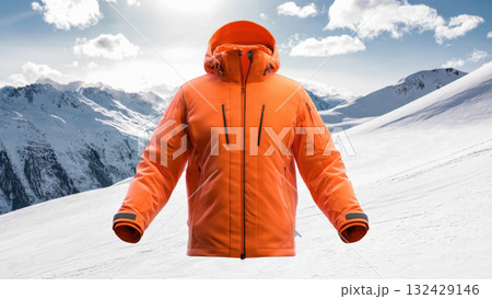 Orange winter jacket in snowy mountains, created AI 132429146