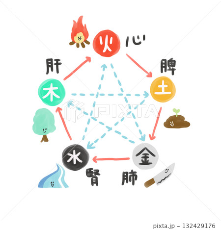 陰陽五行論の五臓（臓器）の図 132429176