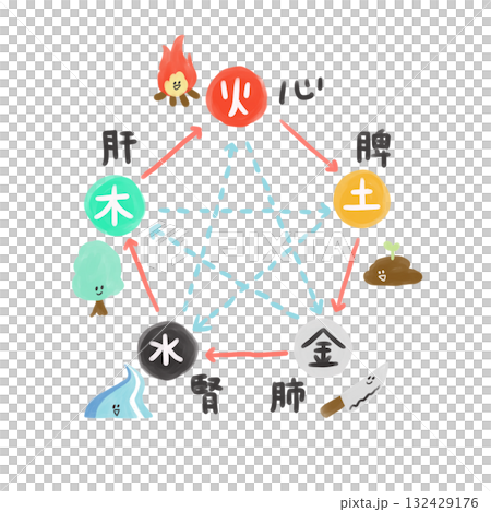 陰陽五行論の五臓（臓器）の図 132429176