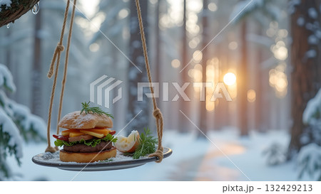 Burger suspended in serene winter forest backdrop conveying tranquility and the blend of nature 132429213