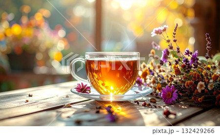 テラス席で紅茶を飲む、カラフルな花 テラス席で紅茶を飲む、カラフルな花 132429266