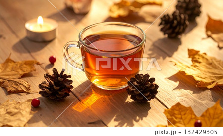 木製テーブルに置かれた紅茶とキャンドル 132429305