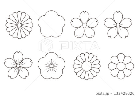日本の花のセット（線画） 132429326