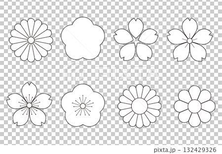 日本の花のセット（線画） 132429326
