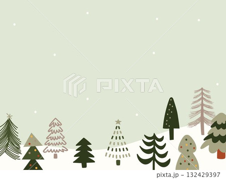 CHRISTMAS TREE background snowing forest illustration fir doodle simple clean modern hand drawing frame placeholder greeting card 132429397