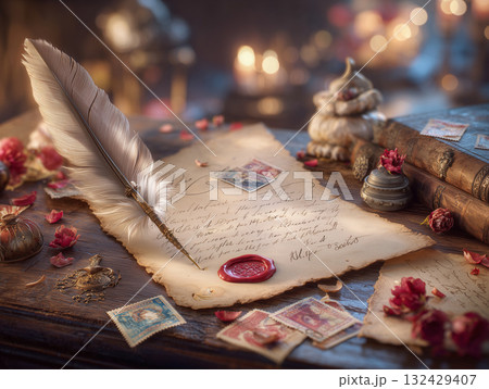 アンティークな机の上にあるサンタへの手紙とヴィンテージ切手 / クリスマスレターのクローズアップ アンティークな机の上にあるサンタへの手紙とヴィンテージ切手 / クリスマスレターのクローズアップ 132429407