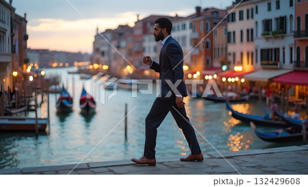 Elegant professional strolling through the serene Venetian canals at sunset captivating travel and Elegant professional strolling through the serene Venetian canals at sunset captivating travel and 132429608