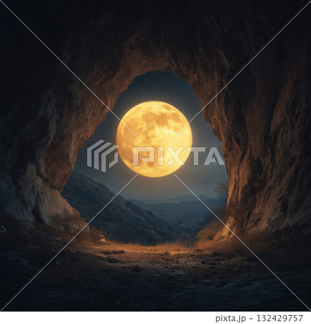 Full moon night sky large yellow moon hovers over valley cave opening glowing landscape mysterious moonlight Full moon night sky large yellow moon hovers over valley cave opening glowing landscape mysterious moonlight 132429757
