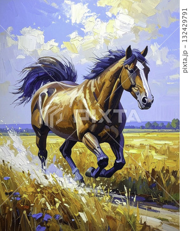 黄金の草原を駆ける栗毛の馬|油絵風アートイラスト(午年) 黄金の草原を駆ける栗毛の馬|油絵風アートイラスト(午年) 132429791