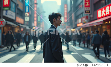 Pensive professional stands against the urban hustle a moment of solitude in the electric 132430001