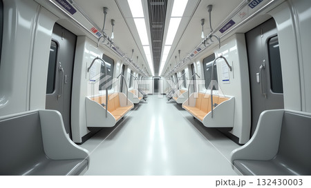 Symmetrical interior view inside a modern subway train carriage with sleek design and comfortable 132430003