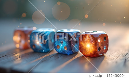 Cosmic Dice on Wooden Surface Representing Game of Chance and Fate in Creative Manner 132430004
