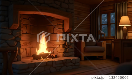 Cozy cabin interior showcasing a warm fireplace inviting armchair and a softly lit desk creates a Cozy cabin interior showcasing a warm fireplace inviting armchair and a softly lit desk creates a 132430005