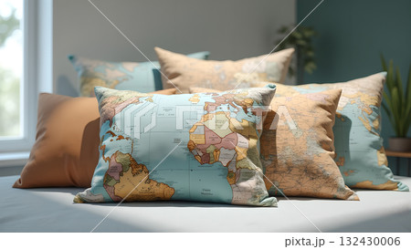 World map pillows on a bed create a wanderlust ambiance and inviting decor perfect for travel World map pillows on a bed create a wanderlust ambiance and inviting decor perfect for travel 132430006