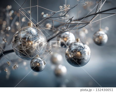 クロームとシルバーの未来的なメタリッククリスマスオーナメント / サイバーパンク風ホリデー クロームとシルバーの未来的なメタリッククリスマスオーナメント / サイバーパンク風ホリデー 132430051