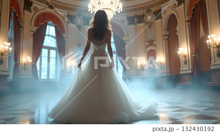 Elegant bride in ethereal ballroom, graceful gown, soft light and opulent architecture create a 132430192