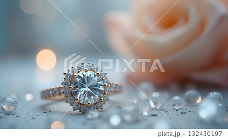 Exquisite diamond ring with halo setting surrounded by small gems with rose for romantic occasions 132430197