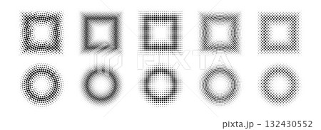 Halftone pixel frames set. Dotted textured round and square borders. Cartoon faded boarders collection. Vector comic bundle gradient shapes. Raster bitmap element pack for poster, collage, banner.  132430552