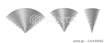 Linear sound wave signal set. Radial radio and music audio icon collection. Rippled radar vibration element sign bundle. Black curved impulse lines pack. Echo soundwave symbols. Vector 132430562