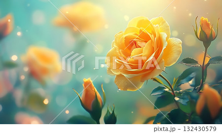 Blooming yellow rose glistens with dew, surrounded by buds and a soft, diffused bokeh background 132430579