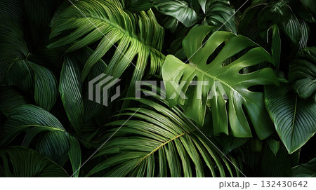 Monstera and Palm Leaves Rich, Dark Green Tropical Foliage CloseUp View Monstera and Palm Leaves Rich, Dark Green Tropical Foliage CloseUp View 132430642