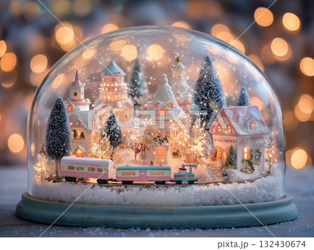 ガラスドームの中のミニチュアのクリスマスヴィレッジ / 幻想的なジオラマの世界 ガラスドームの中のミニチュアのクリスマスヴィレッジ / 幻想的なジオラマの世界 132430674