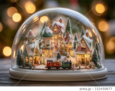 ガラスドームの中のミニチュアのクリスマスヴィレッジ / 幻想的なジオラマの世界 ガラスドームの中のミニチュアのクリスマスヴィレッジ / 幻想的なジオラマの世界 132430677
