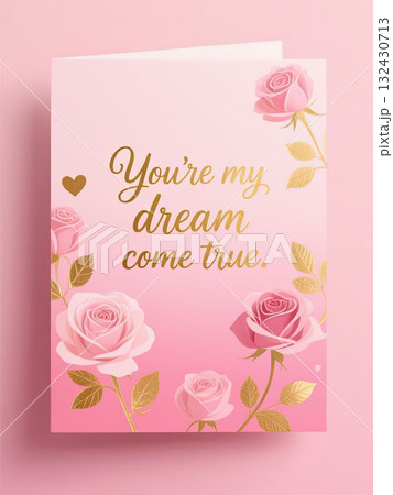 You my dream come true greeting card with pink rose illustration and gold foil leaves conveying romantic affection and joyful sentiment You my dream come true greeting card with pink rose illustration and gold foil leaves conveying romantic affection and joyful sentiment 132430713