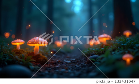 Mystical forest path with bioluminescent mushrooms casting a warm glow and tiny sparkling lights 132431047