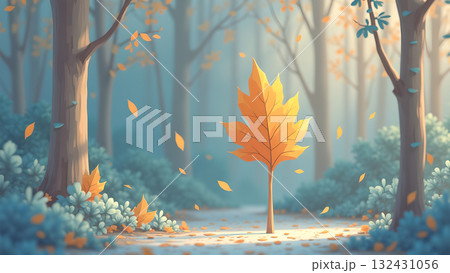 Enchanting autumn backdrop with single brilliant amber leaf tree in softly focused whimsical Enchanting autumn backdrop with single brilliant amber leaf tree in softly focused whimsical 132431056