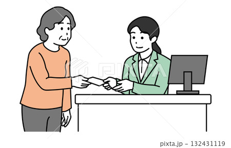 受付で診察券を渡す高齢女性と対応するスタッフのイラスト 受付で診察券を渡す高齢女性と対応するスタッフのイラスト 132431119