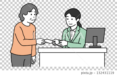 受付で診察券を渡す高齢女性と対応するスタッフのイラスト 受付で診察券を渡す高齢女性と対応するスタッフのイラスト 132431119