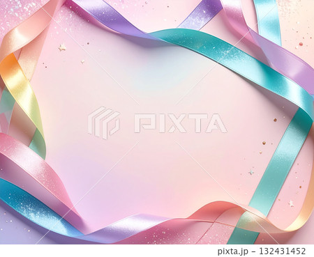パステルグラデーションのリボンとキラキラで飾られた夢幻的なフレーム 132431452