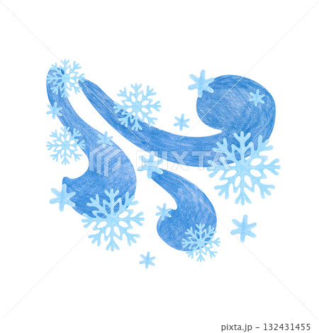Abstract hand-drawn snowstorm ornament. The drawing with colored pencils is isolated on a white background. Stylized wind with snowflakes. A child's drawing. Clipart. Abstract hand-drawn snowstorm ornament. The drawing with colored pencils is isolated on a white background. Stylized wind with snowflakes. A child's drawing. Clipart. 132431455