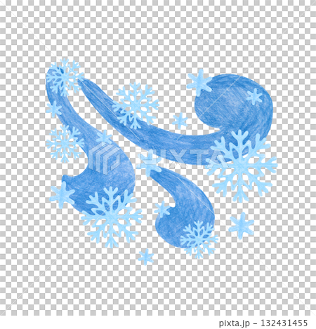 Abstract hand-drawn snowstorm ornament. The drawing with colored pencils is isolated on a white background. Stylized wind with snowflakes. A child's drawing. Clipart. Abstract hand-drawn snowstorm ornament. The drawing with colored pencils is isolated on a white background. Stylized wind with snowflakes. A child's drawing. Clipart. 132431455