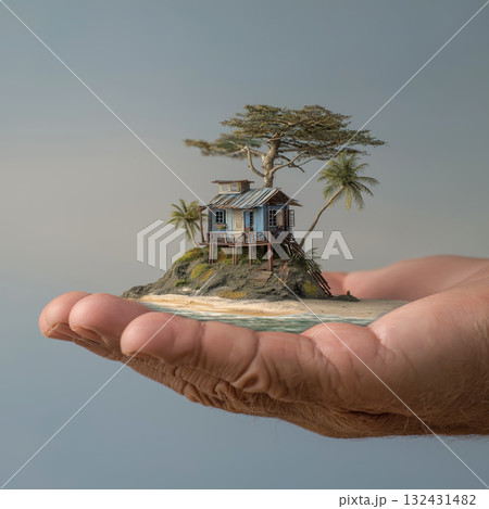 Tiny island hut on palm fringed islet held in human palm, whimsical miniature beach cabin with tree and sand, serene imaginative escape Tiny island hut on palm fringed islet held in human palm, whimsical miniature beach cabin with tree and sand, serene imaginative escape 132431482