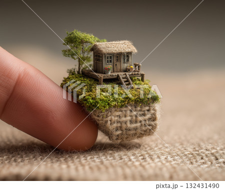 Miniature house moss island burlap fabric tiny cabin porch ladder tree Miniature house moss island burlap fabric tiny cabin porch ladder tree 132431490