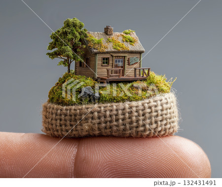 Miniature house on burlap island with moss and tree on fingertip, whimsical tiny cabin scene evoking cozy wonder Miniature house on burlap island with moss and tree on fingertip, whimsical tiny cabin scene evoking cozy wonder 132431491