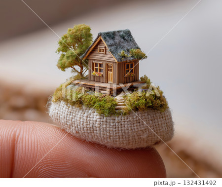 Miniature house on burlap island with moss and tree, tiny wooden cottage with thatched roof and flower boxes, whimsical detailed handcrafted scene Miniature house on burlap island with moss and tree, tiny wooden cottage with thatched roof and flower boxes, whimsical detailed handcrafted scene 132431492